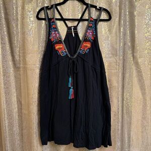 Free People Black Lovers Cove T Back Embroidered Mini Dress Small